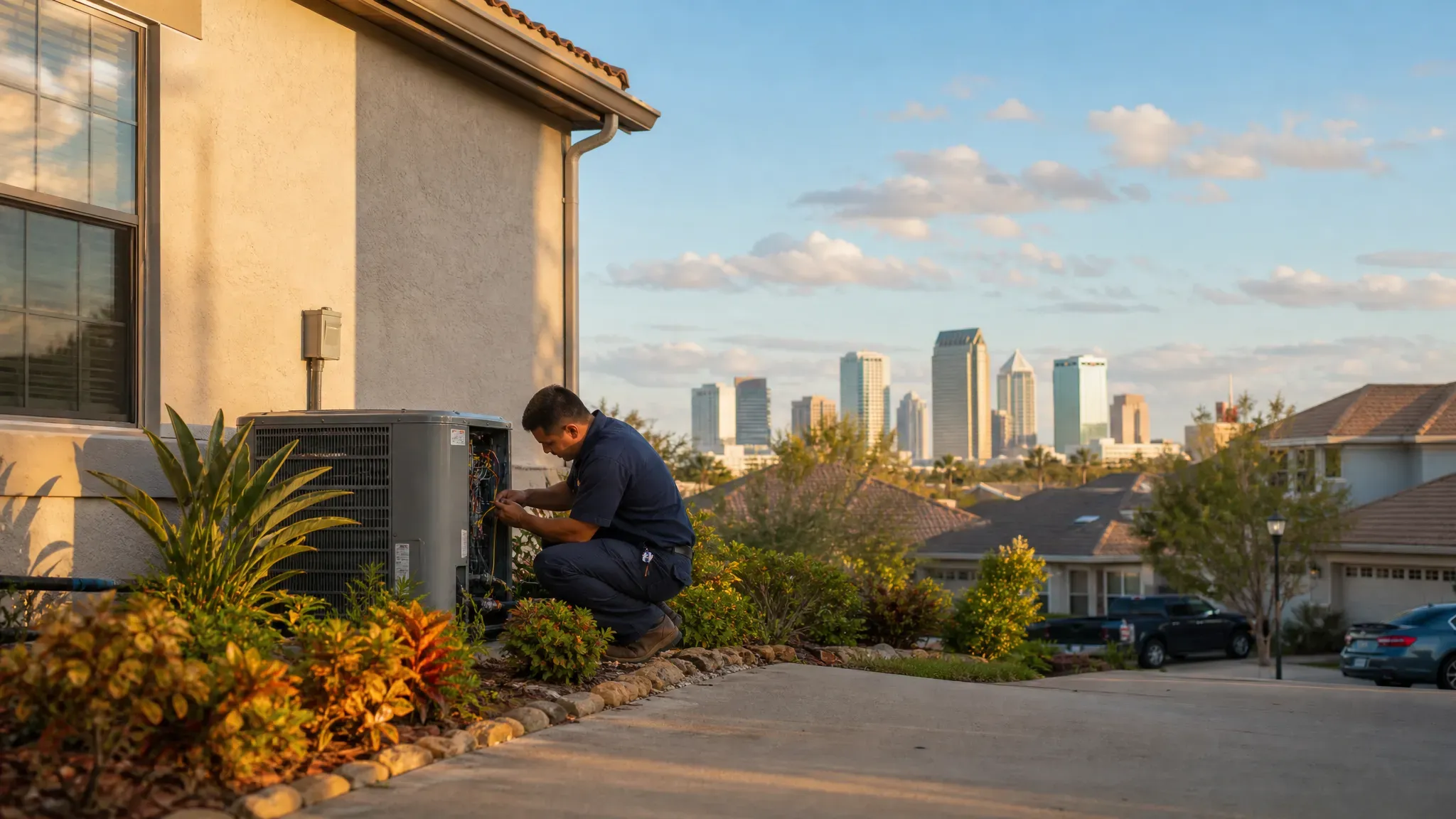 Tampa Metro HVAC professional working on a residential AC unit