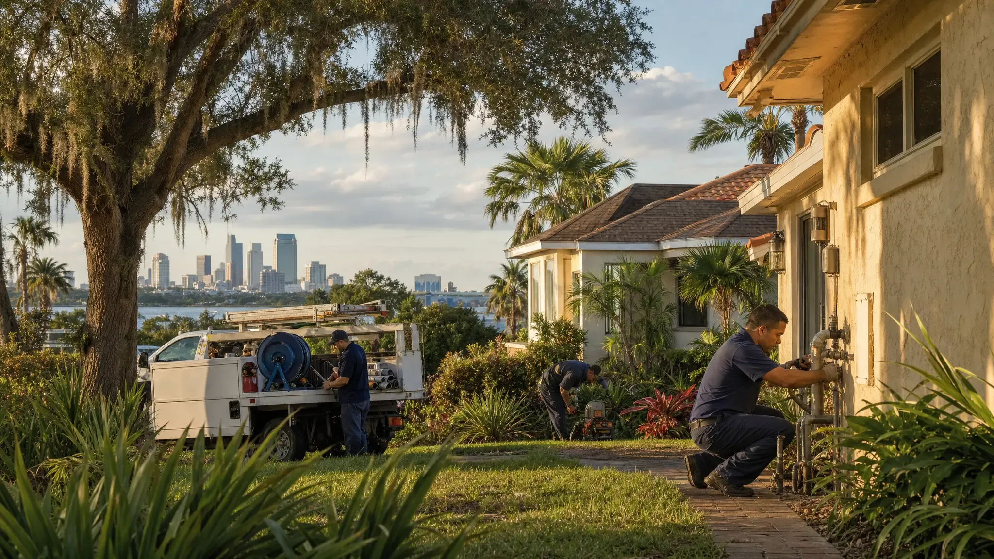 Tampa Metro Plumbing professional working on a residential AC unit